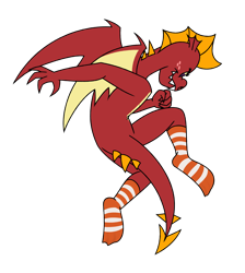 Size: 3400x3792 | Tagged: safe, artist:aaron amethyst, garble, dragon, g4, action pose, clothes, crew socks, fangs, flying, freckles, high res, looking back, male, orange socks, simple background, socks, solo, striped socks, transparent background, white socks, wings