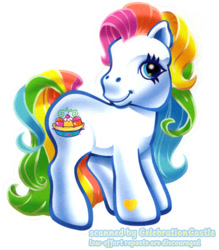 Size: 508x580 | Tagged: safe, rainbow sorbet, pony, g3, official, closed mouth, female, fun days in ponyville: storybook and playset, hoof heart, looking at you, mare, multicolored hair, prototype, rainbow hair, scanned, simple background, smiling, solo, standing, stock vector, text, turned head, underhoof, white background