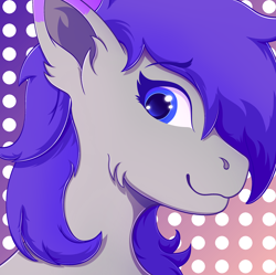 Size: 2512x2505 | Tagged: safe, artist:autumnsfur, oc, oc only, oc:glitter stone, earth pony, pony, blue eyes, bust, earth pony oc, female, grey fur, high res, long hair, long mane, looking at someone, mare, pony oc, purple eyes, purple hair, purple mane, side view, simple background, smiling
