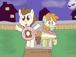 Size: 1600x1200 | Tagged: safe, artist:wanda, pound cake, pumpkin cake, pegasus, pony, unicorn, g4, cake costume, clothes, colt, costume, cute, donut, donut costume, female, filly, foal, food, food costume, male, moon, older, older pound cake, older pumpkin cake, poundabetes, pumpkinbetes, ribbon, smiling