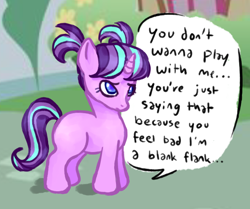 Size: 690x576 | Tagged: safe, artist:phantarays, starlight glimmer, pony, unicorn, g4, blank flank, bronybait, dialogue, female, filly, filly starlight glimmer, foal, sad, younger