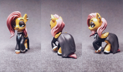 Size: 3377x2000 | Tagged: safe, artist:fluffyorbiter, fluttershy, pegasus, pony, g4, 3d print, art, clothes, collage, craft, cyan eyes, diy, dress, ear piercing, earring, eyebrows, eyeshadow, female, figurine, fluttergoth, folded wings, goth, gray background, high res, hoof shoes, irl, jewelry, lidded eyes, makeup, mare, photo, piercing, pink hair, pink mane, raised hoof, sculpture, shirt, solo, standing, statue, traditional art, wings