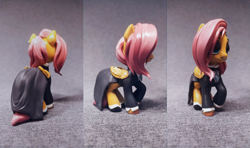 Size: 3369x2000 | Tagged: safe, artist:fluffyorbiter, fluttershy, pegasus, pony, g4, 3d print, art, clothes, collage, craft, cyan eyes, diy, dress, ear piercing, earring, eyebrows, eyeshadow, female, figurine, fluttergoth, folded wings, goth, gray background, high res, hoof shoes, irl, jewelry, lidded eyes, makeup, mare, photo, piercing, pink hair, pink mane, raised hoof, sculpture, shirt, solo, standing, statue, traditional art, wings