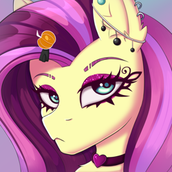 Size: 2000x2000 | Tagged: safe, artist:tanatos, fluttershy, g4, accessory, bust, choker, chokershy, ear piercing, edgy, eyeshadow, gameloft interpretation, high res, makeup, piercing, portrait, solo