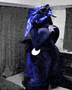 Size: 145x180 | Tagged: safe, artist:kolshica, princess luna, alicorn, human, pony, g4, 2014, animated, blowing a kiss, butt wings, clothes, cosplay, costume, crown, dancing, fursuit, gif, irl, irl human, jewelry, looking at you, lowres, photo, ponysuit, raised hooves, regalia, solo, wide hips, wings