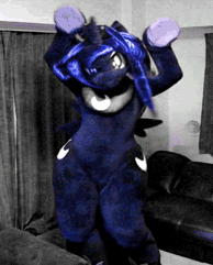 Size: 194x241 | Tagged: safe, artist:kolshica, princess luna, alicorn, pony, anthro, g4, 2014, animated, butt wings, caramelldansen, clothes, cosplay, costume, crown, dancing, fursuit, gif, irl, jewelry, looking at you, loop, lowres, perfect loop, photo, ponysuit, raised hooves, regalia, solo, swaying hips, wide hips, wings