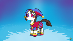 Size: 1366x768 | Tagged: safe, artist:doublewbrothers, doll pony, earth pony, object pony, original species, pony, animate object, blushing, crossover, doll, female, hat, jester, jester hat, jester outfit, living doll, mare, pomni, ponified, ponmi, solo, the amazing digital circus, toy, youtube link