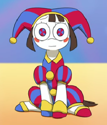 Size: 320x373 | Tagged: safe, artist:doublewbrothers, doll pony, earth pony, object pony, original species, pony, animate object, blushing, cropped, crossover, doll, female, hat, jester, jester hat, jester outfit, living doll, looking at you, mare, pomni, ponified, ponmi, sitting, solo, the amazing digital circus, thousand yard stare, toy, youtube link