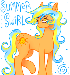 Size: 768x820 | Tagged: safe, artist:phantarays, oc, oc only, oc:summer swirl, earth pony, pony, bio in description, closed mouth, female, golden eyes, mare, raised hoof, simple background, smiling, solo, text, turned head, white background, yellow eyes