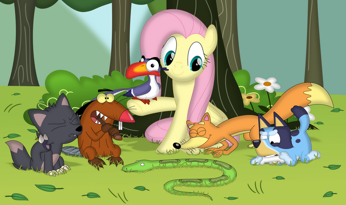 #3227127 - safe, artist:porygon2z, fluttershy, beaver, bird, dog, fox ...