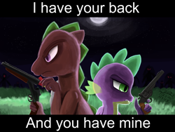 Size: 1800x1350 | Tagged: safe, artist:tazool, spike, spike (g1), dragon, mlp fim's thirteenth anniversary, g1, g4, black bars, duo, g1 to g4, generation leap, grass, gun, handgun, meme, monster, moon, night, pistol, reloading, revolver, sawed off shotgun, shotgun, standoff, stars, surrounded, text, weapon