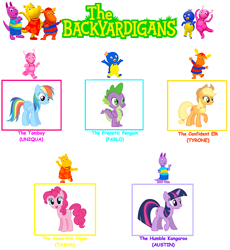 Size: 1516x1646 | Tagged: safe, artist:margotthemlpfan573, edit, applejack, pinkie pie, rainbow dash, spike, twilight sparkle, bird, dragon, earth pony, hippopotamus, insect, kangaroo, ladybug, moose, pegasus, penguin, pony, unicorn, anthro, g4, anthro with ponies, austin (the backyardigans), baby, baby dragon, cast meme, female, logo, male, mare, pablo, simple background, tasha, the backyardigans, tyrone, uniqua, white background