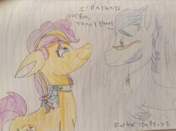 Size: 749x560 | Tagged: safe, artist:starrscout-23, argyle starshine, sunny starscout, earth pony, pony, g5, 2022, blue background, crying, father and child, father and daughter, father's day, female, glasses, long nose, looking up, male, mane stripe sunny, mare, old art, simple background, sitting, spirit, stallion, traditional art
