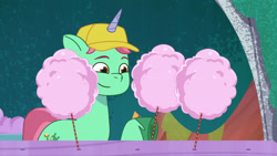 Size: 3072x1727 | Tagged: safe, screencap, emerald saucer, pony, unicorn, g5, my little pony: tell your tale, nightmare nightmarket, spoiler:g5, spoiler:my little pony: tell your tale, spoiler:tyts01e63, cotton candy, male, smiling, solo, stallion