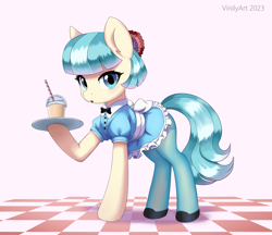 Size: 2264x1956 | Tagged: safe, artist:vinilyart, coco pommel, earth pony, pony, g4, bowtie, clothes, cocobetes, cup, cute, drinking straw, female, high res, looking at you, mare, open mouth, pantyhose, plate, solo, waitress