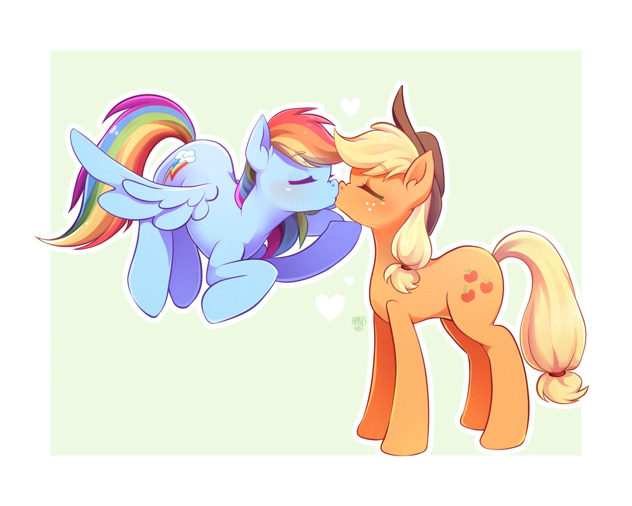 [applejack,applejack's hat,blushing,cowboy hat,duo,earth pony,eyebrows,eyes closed,female,flying,freckles,g4,hat,heart,kissing,lesbian,mare,pegasus,pony,rainbow dash,safe,shipping,signature,wings,duo female,spread wings,kiss on the lips,eyebrows visible through hair,artist:applesartt,ship:appledash]