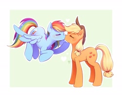 Size: 2048x1638 | Tagged: safe, artist:applesartt, applejack, rainbow dash, earth pony, pegasus, pony, g4, applejack's hat, blushing, cowboy hat, duo, duo female, eyebrows, eyebrows visible through hair, eyes closed, female, flying, freckles, hairband, hat, heart, kiss on the lips, kissing, lesbian, mare, ship:appledash, shipping, signature, spread wings, tail, tail band, wings