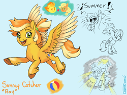 Size: 2000x1500 | Tagged: safe, applejack, spitfire, oc, earth pony, pegasus, pony, g4, beach ball, blue background, crack shipping, cutie mark, female, lesbian, magical lesbian spawn, offspring, parent:applejack, parent:spitfire, parents:applefire, ponytail, ship:applefire, shipping, simple background, solo