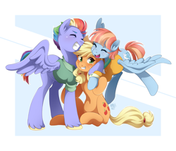 Size: 2047x1753 | Tagged: safe, artist:applesartt, applejack, bow hothoof, windy whistles, earth pony, pegasus, pony, g4, applejack's hat, belly, clothes, colored eyebrows, cowboy hat, crying, eyebrows, eyebrows visible through hair, eyes closed, female, flying, freckles, grin, hat, hug, implied appledash, implied lesbian, implied shipping, in-laws, male, mare, open mouth, open smile, rainbow dash's parents, signature, sitting, smiling, spread wings, stallion, trio, unshorn fetlocks, wings