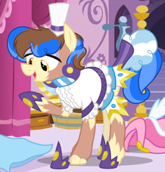 Size: 1086x1134 | Tagged: safe, artist:anonymous, sapphire shores, earth pony, human, pony, g4, /ptfg/, brown eyes, brown hair, carousel boutique, clothes, eye color change, female, hat, hoof shoes, human to pony, humanized, indoors, mare, mid-transformation, moderate dark skin, open mouth, open smile, show accurate, smiling, transformation