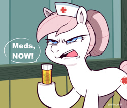 Size: 900x770 | Tagged: safe, artist:talimingi, nurse redheart, earth pony, pony, g4, dialogue, female, frown, hoof hold, mare, narrowed eyes, open mouth, pill bottle, pills, signature, solo, speech bubble, take your meds, that pony sure does love meds
