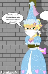 Size: 888x1364 | Tagged: safe, artist:robukun, edit, applejack, human, equestria girls, g4, look before you sleep, angry, applejack also dresses in style, bondage, bound and gagged, cloth gag, clothes, cropped, damsel in distress, dress, ear piercing, flower, flower in hair, froufrou glittery lacy outfit, gag, glare, hat, hennin, jewelry, looking at someone, muffled words, necklace, over the nose gag, piercing, pole tied, princess, princess applejack, solo, tied up