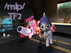 Size: 1600x1200 | Tagged: safe, maud pie, pinkie pie, g4, /mlp/ tf2 general, 2fort, 3d, gmod, hat, party cannon, rocket launcher, soldier, soldier (tf2), team fortress 2, text, weapon