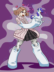 Size: 1662x2217 | Tagged: safe, artist:bastianmage, part of a set, rarity, human, unicorn, g4, abstract background, bondage, commission, crossover, emanata, encased, encasement, female, fetish, figurine, floating heart, haru okumura, heart, hooves, human to pony, inanimate object, inanimate tf, looking at something, melting, open mouth, open smile, part of a series, persona, persona 5, pose, purple background, raised hoof, simple background, smiling, solo, sparkles, standing, transformation, transformation sequence, vinyl