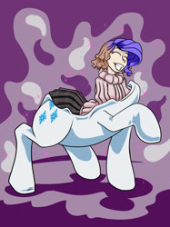 Size: 1662x2217 | Tagged: safe, artist:bastianmage, part of a set, rarity, human, unicorn, g4, abstract background, bondage, color change, commission, crossover, encased, encasement, eyes closed, female, fetish, grin, haru okumura, human to pony, inanimate object, inanimate tf, part of a series, persona, persona 5, pose, purple background, purple hair, raised hoof, simple background, smiling, solo, sparkles, standing, transformation, transformation sequence, vinyl