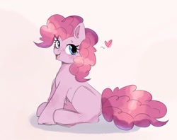 Size: 1024x813 | Tagged: safe, artist:arllistar, pinkie pie, earth pony, pony, g4, cute, diapinkes, ear fluff, female, heart, looking back, mare, missing cutie mark, open mouth, open smile, simple background, sitting, smiling, solo, white background