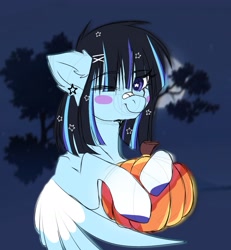 Size: 1317x1427 | Tagged: safe, artist:arllistar, oc, oc only, pegasus, pony, bandaid, bandaid on nose, blue background, butt blush, coat markings, colored hooves, female, floppy ears, halloween, holiday, mare, one eye closed, pumpkin, simple background, socks (coat markings), solo