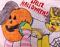 Size: 2986x2323 | Tagged: safe, artist:bitter sweetness, oc, oc only, oc:bitter sweetness, pony, unicorn, abdl, adult foal, clothes, decorated diaper, diaper, diaper fetish, fetish, graph paper, green eyes, halloween, halloween 2023, happy halloween, high res, holiday, jack-o-lantern, non-baby in diaper, open mouth, open smile, poofy diaper, pumpkin, smiling, socks, spanish, spanish text, spider web, striped socks, traditional art