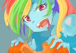 Size: 2048x1431 | Tagged: safe, artist:bonoramo, rainbow dash, human, equestria girls, g4, blue background, blush lines, blushing, clothes, costume, eating, eyebrows, eyebrows visible through hair, female, halloween, halloween costume, holiday, looking at you, open mouth, open smile, pumpkin, simple background, smiling, zombie costume