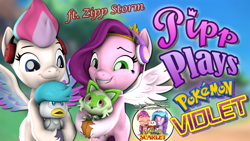 Size: 1920x1080 | Tagged: safe, artist:pika-robo, izzy moonbow, pipp petals, sunny starscout, zipp storm, bird, cat, duck, earth pony, fuecoco, pegasus, pony, quaxly, sprigatito, unicorn, series:pipp plays, g4, g5, 3d, blatant lies, cute, fake thumbnail, female, g5 to g4, gamer izzy moonbow, gamer pipp, gamer sunny starscout, gamer zipp storm, gaming headset, generation leap, grin, headset, holding, let's play, looking at someone, mare, pokemon scarlet and violet, pokémon, smiling, source filmmaker, spread wings, wings, youtube thumbnail