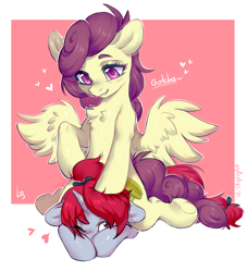 Size: 3000x3303 | Tagged: safe, artist:ls_skylight, oc, oc only, oc:miss final verse, oc:starfruit fritter, pegasus, pony, unicorn, blushing, chest fluff, commission, duo, high res, one eye closed, sitting on person, sitting on pony, snuggling, ych result