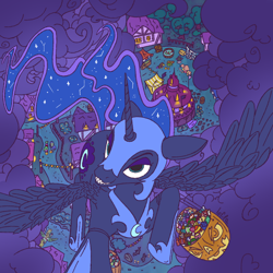 Size: 1000x1000 | Tagged: safe, artist:lef-fa, nightmare moon, princess luna, alicorn, pony, g4, blue eyes, blue mane, blue tail, cute, digital art, ethereal mane, ethereal tail, fangs, feather, female, flowing mane, flowing tail, flying, helmet, hoof shoes, lidded eyes, mare, nicemare moon, night, nightmare night, open mouth, open smile, peytral, ponyville, pumpkin, pumpkin bucket, shapeshifting, sky, smiling, solo, spread wings, starry mane, starry tail, tail, teeth, tree, water, wings