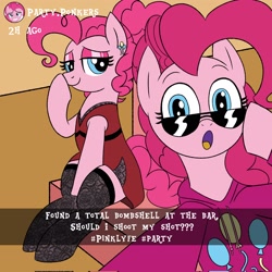 Size: 2048x2048 | Tagged: safe, artist:legendoflink, pinkie pie, earth pony, pony, g4, clothes, dress, duality, female, high res, hoodie, looking at you, mare, pinktober, self paradox, self ponidox, sitting, smiling, stockings, sunglasses, text, thigh highs