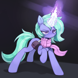 Size: 2295x2295 | Tagged: safe, artist:astralblues, oc, oc only, pony, unicorn, bag, clothes, eyebrows, female, high res, horn, magic, mare, raised hoof, saddle bag, scarf, solo, unicorn oc