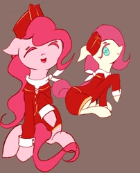 Size: 2480x3064 | Tagged: safe, artist:solid shrimp, fluttershy, pinkie pie, earth pony, pegasus, pony, g4, brown background, clothes, duo, eyes closed, female, flight attendant, floppy ears, hat, high res, looking at you, mare, open mouth, open smile, pinktober, simple background, sitting, smiling, smiling at you, uniform, wingless