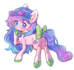 Size: 750x705 | Tagged: safe, artist:jelly-candy, oc, oc only, unnamed oc, earth pony, pony, bow, chest fluff, cute, female, floral head wreath, flower, mare, ocbetes, raised hoof, simple background, solo, tail, tail bow, white background