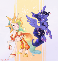 Size: 2451x2600 | Tagged: safe, artist:askometa, princess celestia, princess luna, alicorn, pony, g4, black sclera, clothes, concave belly, cosplay, costume, duo, female, five nights at freddy's, five nights at freddy's: security breach, flying, glowing, glowing eyes, high res, horn, lanky, long horn, looking at each other, looking at someone, mare, moondrop, royal sisters, siblings, signature, simple background, sisters, skinny, smiling, spread wings, sundrop, the daycare attendant, thin, wings