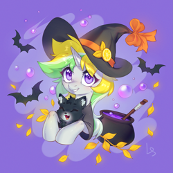 Size: 2355x2355 | Tagged: safe, artist:ls_skylight, oc, bat, cat, pony, unicorn, cauldron, clothes, commission, female, hat, high res, mare, smiling, witch hat, ych result