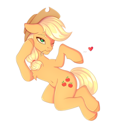 Size: 1856x2000 | Tagged: safe, artist:tanatos, applejack, earth pony, pony, g4, applejack's hat, cowboy hat, female, hairband, hat, heart, looking at you, lying down, mare, one eye closed, simple background, solo, white background, wink