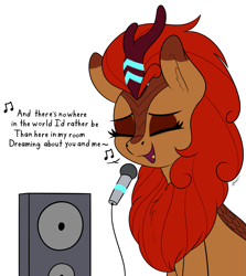 Size: 2381x2675 | Tagged: safe, artist:seafooddinner, oc, oc only, oc:chipotle spice, kirin, ear fluff, eyes closed, female, high res, karaoke, kirin oc, microphone, music notes, simple background, singing, solo, speaker, white background