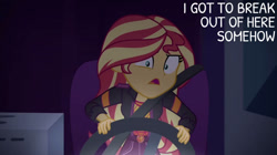 Size: 828x465 | Tagged: safe, edit, edited screencap, editor:quoterific, screencap, sunset shimmer, human, equestria girls, equestria girls specials, g4, my little pony equestria girls: better together, my little pony equestria girls: sunset's backstage pass, desperate, desperation, driving, female, open mouth, rv, solo, steering wheel