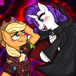 Size: 1280x1280 | Tagged: safe, artist:katie-kat-yo, applejack, rarity, earth pony, pony, undead, unicorn, vampire, vampony, g4, alternate hairstyle, applejack's hat, blood, blushing, cape, clothes, cowboy hat, duo, eyeshadow, fangs, female, flannel, freckles, hat, hay, horn, lesbian, looking at each other, looking at someone, makeup, mare, open mouth, scarecrow, ship:rarijack, shipping, shirt