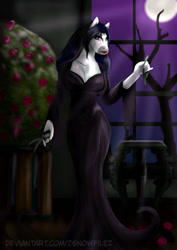 Size: 1024x1449 | Tagged: safe, artist:zsnowfilez, oc, oc:belladonna nightshade, anthro, clothes, costume, dress, morticia addams, nightmare night costume, solo