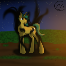 Size: 3200x3200 | Tagged: safe, artist:maître cervidé, oc, oc:visionnary sight, pony, unicorn, dark magic, high res, magic, male, night, shadow, signature, solo, stars