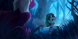 Size: 2000x1019 | Tagged: safe, artist:rutkotka, misty brightdawn, opaline arcana, alicorn, pony, unicorn, g5, coat markings, crying, duo, duo female, female, filly, filly misty brightdawn, first meeting, foal, forest, freckles, grass, horn, looking at each other, looking at someone, mare, open mouth, outdoors, rain, raised hoof, scenery, socks (coat markings), standing, teary eyes, this will not end well, unshorn fetlocks, wings, younger