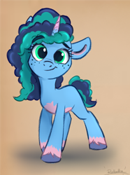 Size: 700x939 | Tagged: safe, artist:rutkotka, misty brightdawn, pony, unicorn, g5, blank flank, cute, eyebrows, eyebrows visible through hair, female, freckles, horn, looking at you, mare, mistybetes, signature, simple background, smiling, smiling at you, solo, tan background, unshorn fetlocks